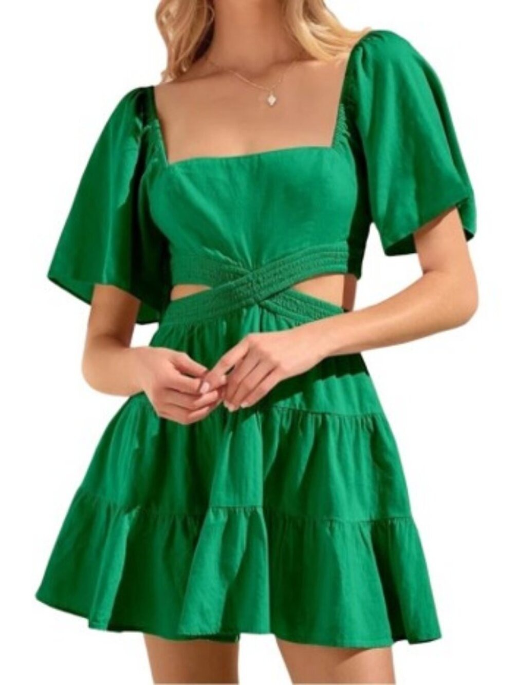 Cross of Sunlight Mini Dress Green Cut-Out Waist Smocked Back M